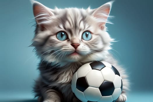cat in a t-shirt with a soccer ball, isolated on a blue background .