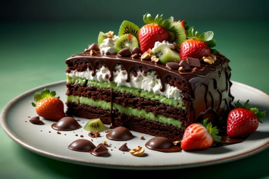 chocolate cake with strawberries, cottage cheese, fruits .