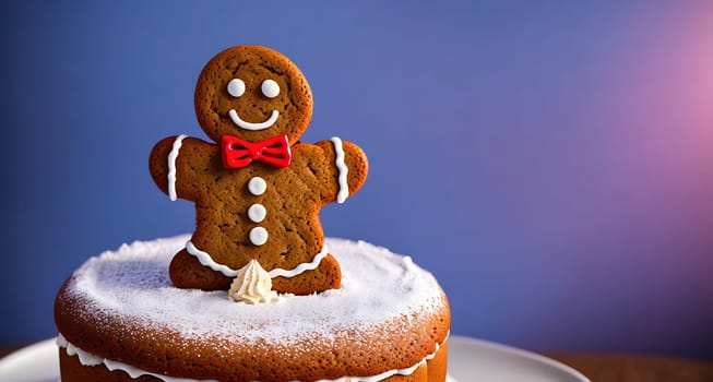 The image is a cake with a gingerbread man on top, wearing a red bow tie and holding a sign that says Merry Christmas.