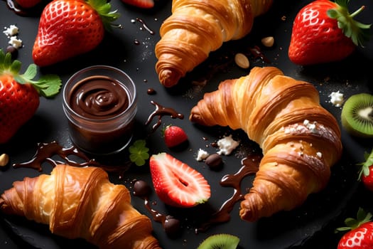 sweet pastries, croissants with strawberries and other fruits .