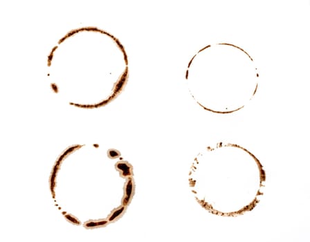 Cup ring splashes and circle drink marks. Brown dirty mug stains. Coffee grunge texture