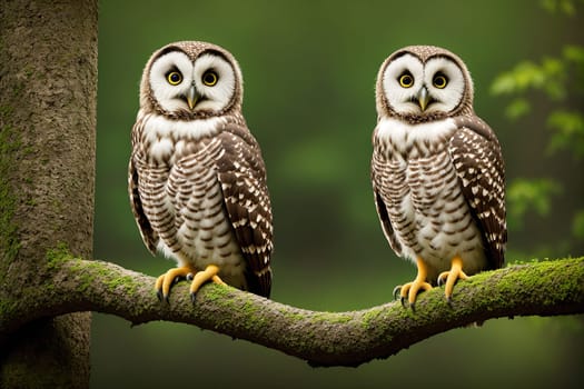 The image shows two owls perched on a tree branch, looking at each other with their big round eyes.