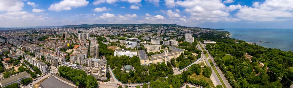 Stunning detailed aerial panorama of Varna city, bay, and park