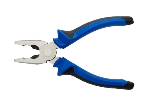 Professional electrician's pliers with blue and black handles isolated on a white backdrop, tool concept.