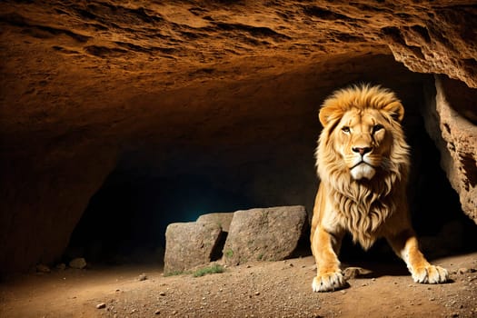 The image shows a lion standing in a cave, looking out at the viewer with its eyes.