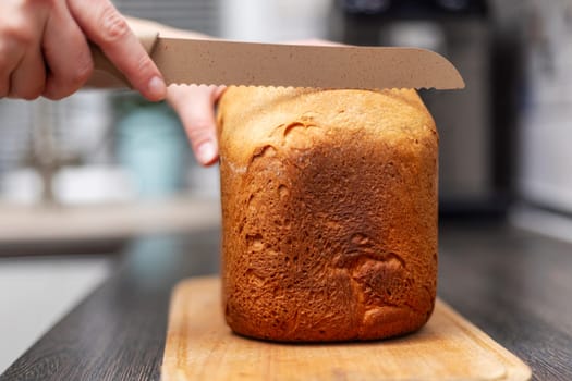 Hand slicing freshly baked bread with a bread knife. Culinary and baking concept. Close-up with copy space for recipes, cookbooks, and baking blogs.