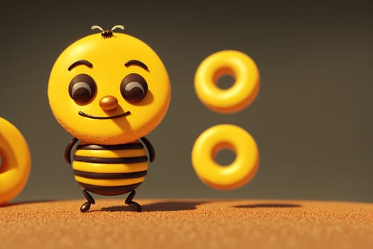 The image is of a cartoon bee standing in the middle of a sandy surface, surrounded by donuts.