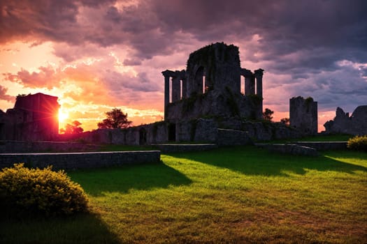 The image shows a sunset over a ruined stone structure with grass growing in the foreground.