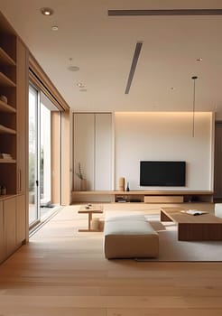 The living room features hardwood flooring with a wood stain, a flat screen TV mounted on the wall, and a cozy rectangleshaped space