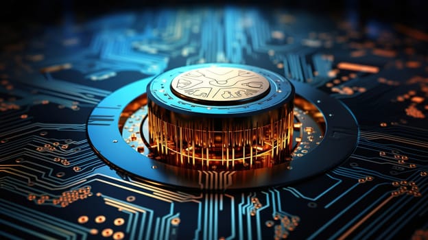 round neon chip in computer,artificial intelligence from the inside, intelligent cores and neural connections,connection with virtual reality, futuristic future, Generated AI