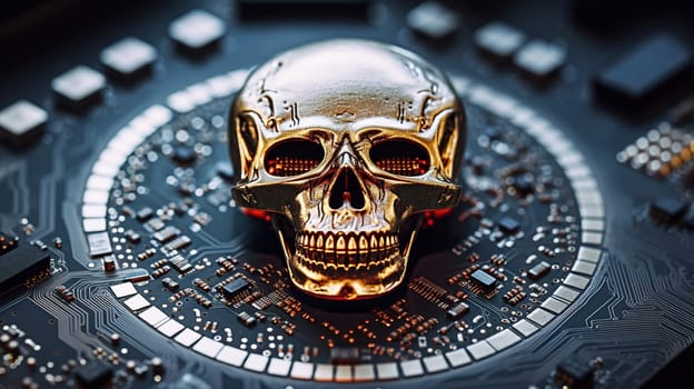 microchip in the form of a golden human skull in a computer,artificial intelligence from the inside, intelligent cores and virtual reality in a futuristic future, Generated AI