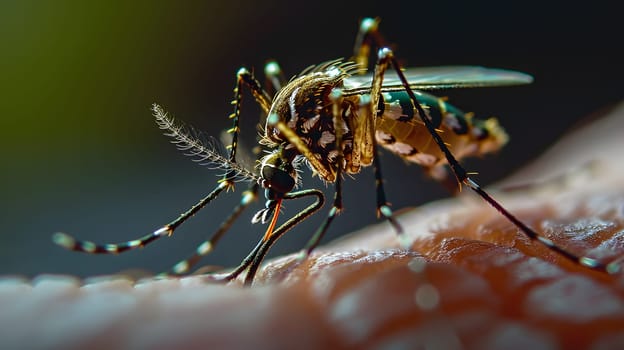 A macro photograph showing an arthropod insect, a mosquito, biting a persons arm. This terrestrial animal, a pest and parasite, has membrane wings