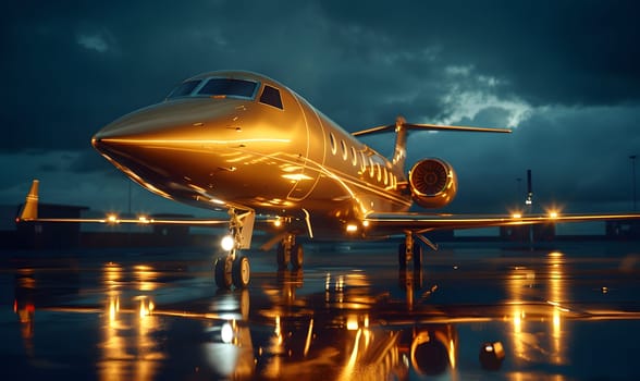 A luxurious gold private jet sits on a wet runway under a cloudfilled night sky, ready to take off into the dusk with its powerful aircraft engine