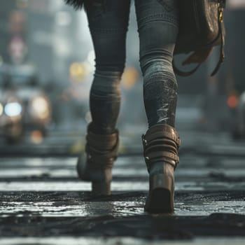 A professional photo of a girl walking along the road. Feet, boots, asphalt, pedestrian crossing. High quality illustration