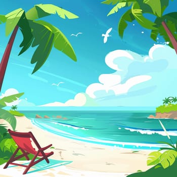 A wide background with summer illustrated art about playing on the beach and relaxing. High quality illustration