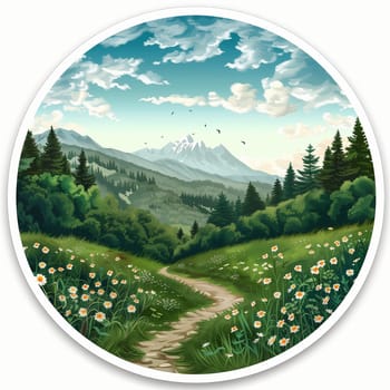 Stickers with forest, field, sky and hiking. Summer collection. High quality illustration