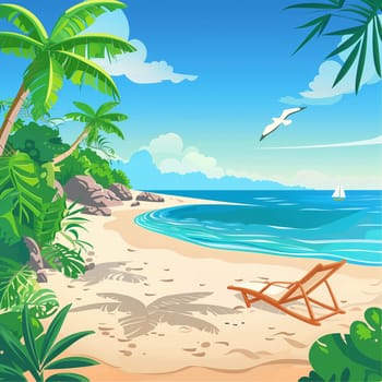 A wide background with summer illustrated art about playing on the beach and relaxing. High quality illustration