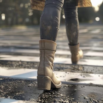 A professional photo of a girl walking along the road. Feet, boots, asphalt, pedestrian crossing. High quality illustration