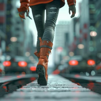 A professional photo of a girl walking along the road. Feet, boots, asphalt, pedestrian crossing. High quality illustration