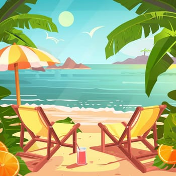 A wide background with summer illustrated art about playing on the beach and relaxing. High quality illustration