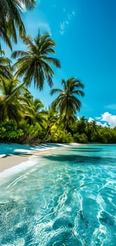 tropical beach view at sunny day with white sand, turquoise water and palm tree. Neural network generated image. Not based on any actual scene or pattern.