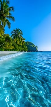 tropical beach view at sunny day with white sand, turquoise water and palm tree. Neural network generated image. Not based on any actual scene or pattern.