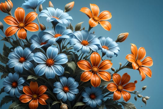 Bouquet of colorful bright flowers, isolated on a blue background.