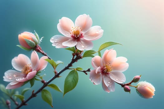 blooming pink peach flowers on a blue background.