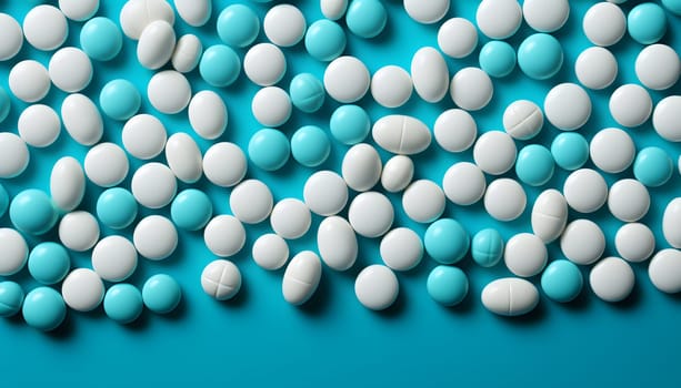 White pills on blue background. High quality photo