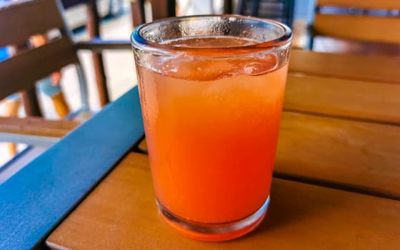 Glass of red watermelon juice in Zicatela Puerto Escondido Oaxaca Mexico.