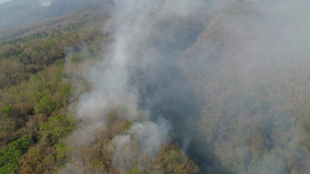 aerial view forest fire smoke on the slopes hills. wild fire in tropical forest, Indonesia. natural disaster fire in Southeast Asia