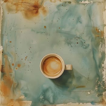 A cup of liquid is resting on a blue dishware, creating a circle of color reminiscent of a watercolor painting in a landscape of visual arts