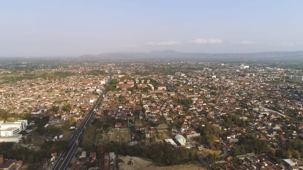 aerial view yogyakarta city cultural capital indonesia located on java island. Yogyakarta with buildings, highway at sunset time. aerial view