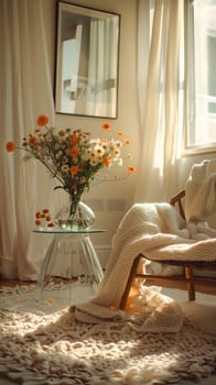 An interior design featuring a living room with a wooden chair by the window, a vase of flowers on a table, and textile floor in a beautiful house