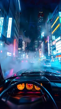 A motor vehicle is driving down a city street at night, illuminated by automotive lighting. The cars hood and mirrors reflect the surrounding infrastructure lights in the dark