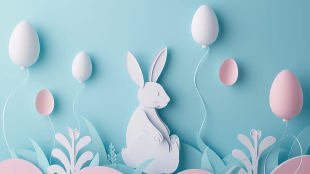 A cute paper Easter rabbit is surrounded by colorful Easter eggs, fluffy clouds, blooming flowers, and floating balloons in a joyful event of happiness AIG42E