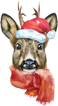 Watercolor drawing of the animal in Santa hat with scarf - roe deer, sketch