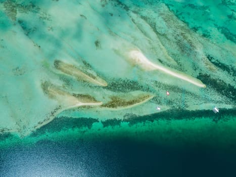 Aerial view of sandbar and coral reef in turquoise water. Negros, Philippines.