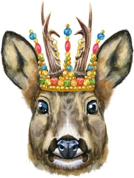 Watercolor drawing of the animal - roe deer in golden crown, sketch