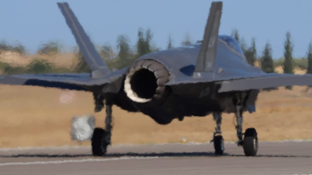 Athens Greece September 3 2023: US Air Force Lockheed Martin F-35 Lightning ii jet on the ground from Behind. Copy Space