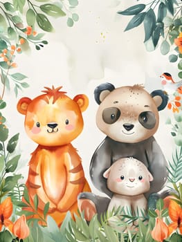 A carnivore tiger, a cute panda, and a fluffy sheep are happily sitting next to each other in the jungle, surrounded by lush green grass and plants