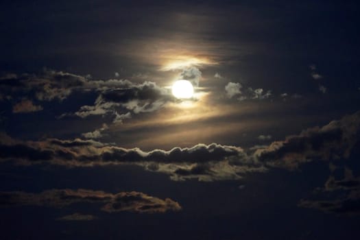bright moon behind the clouds in the dark night sky.