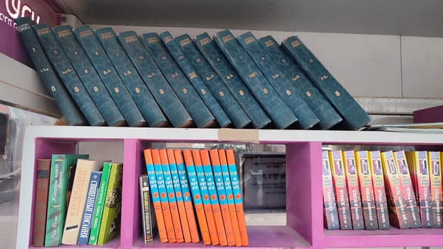 27 March 2024 Beer-Sheva Israel,Jewish books on the shelf, Judaism encyclopedia, teaching religion. High quality photo