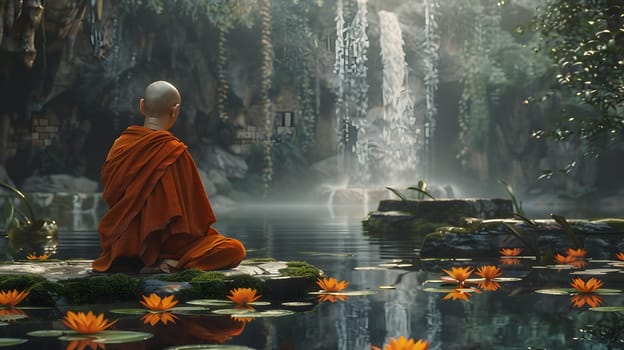 A monk meditates in a lotus position beside a majestic waterfall, surrounded by the soothing sounds of water cascading down rocks in a natural environment