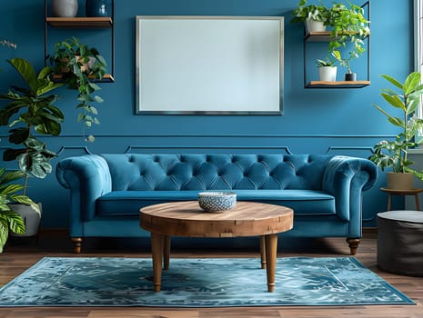 An interior design featuring a blue couch and a wooden coffee table in a living room. A green houseplant adds a touch of nature to the furniture arrangement
