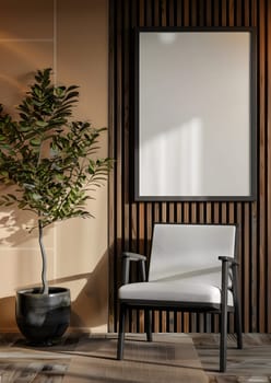 In the room, there is a wooden chair and a houseplant in a flowerpot on the hardwood flooring. The rectangle window allows natural light to shine in
