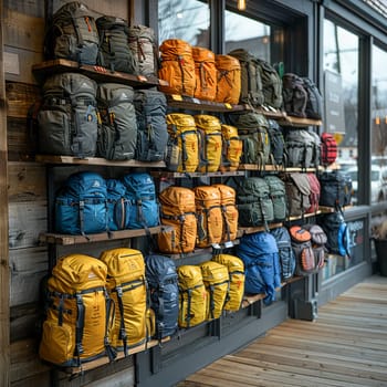 Outdoor Gear Displays Equip Exploration in Business of Adventure Retail, Backpacks and tents outfit a narrative of discovery and endurance in the outdoor business.