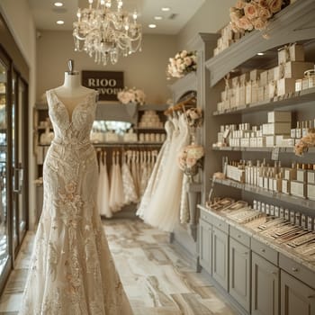 Elegant Bridal Boutique with Soft Focus on Gowns and Accessories, The hazy outlines of wedding attire suggest dreams and preparations for a special day.