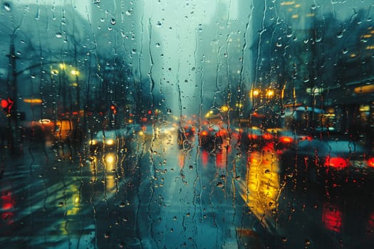 Raindrops on Window with Abstract Cityscape Reflection, The blurring effect of rain on glass merges with city contours, depicting weather's influence on urban life.