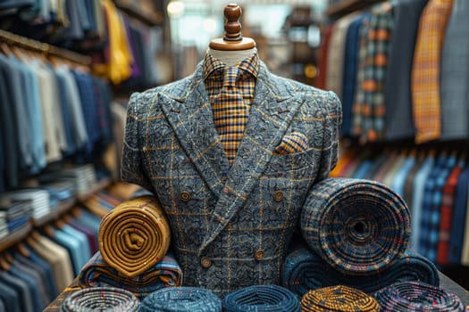 Tailored Suits Craft Professional Image in Business of Custom Fashion, Sewing machines and fabric swatches measure out a story of elegance and fit in the tailoring business.